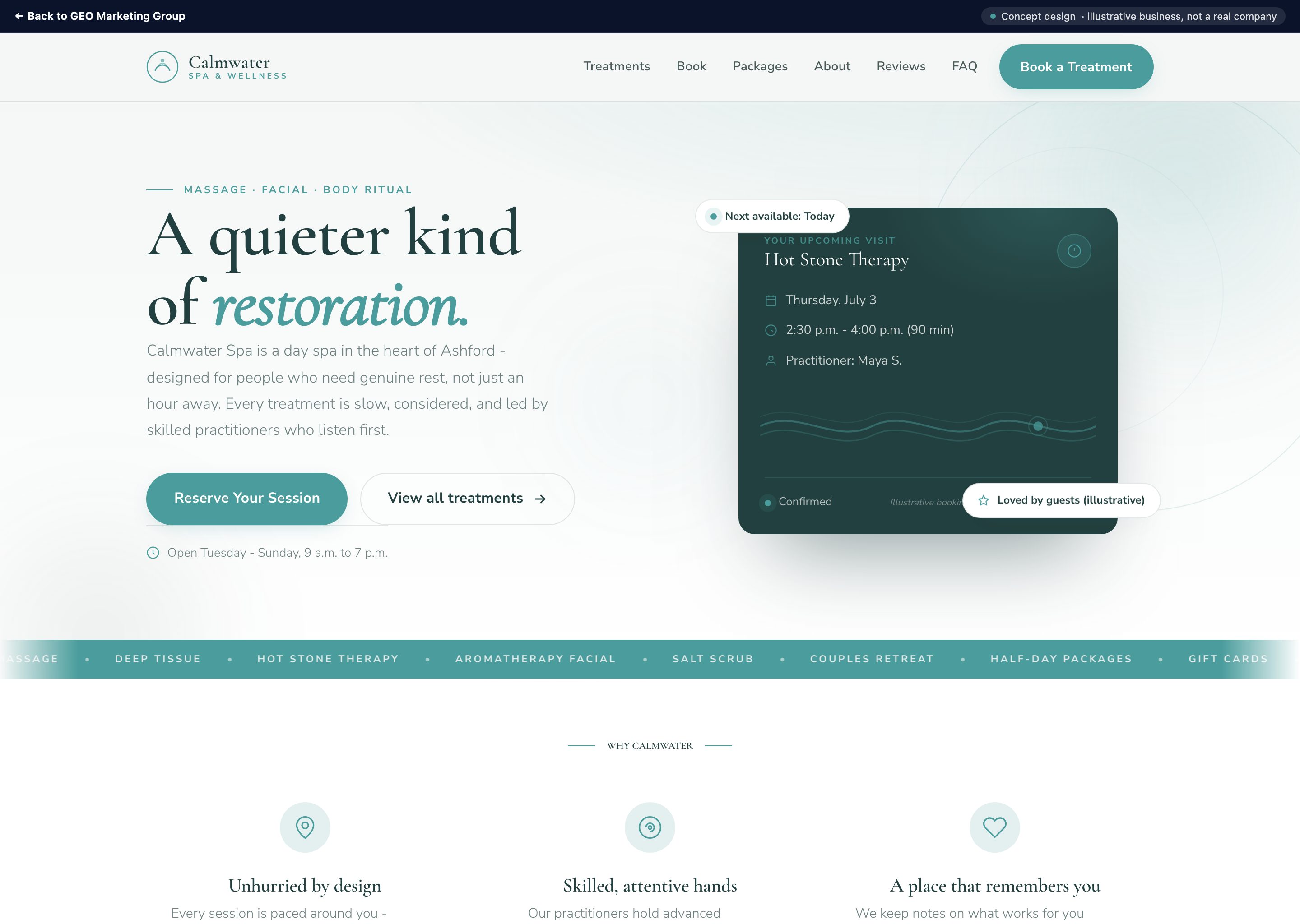Calmwater Spa & Wellness - concept website design