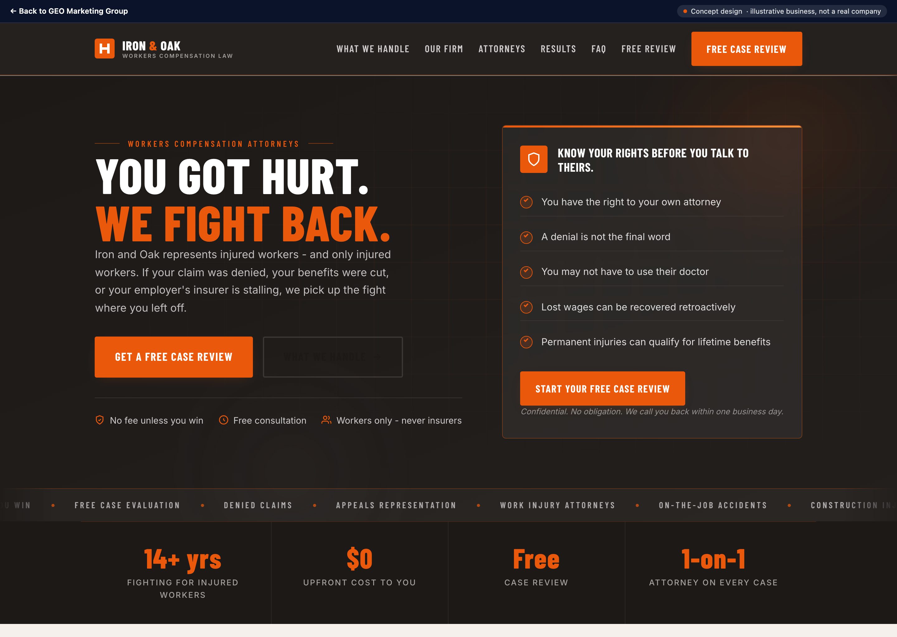 Iron & Oak Workers' Comp - concept website design