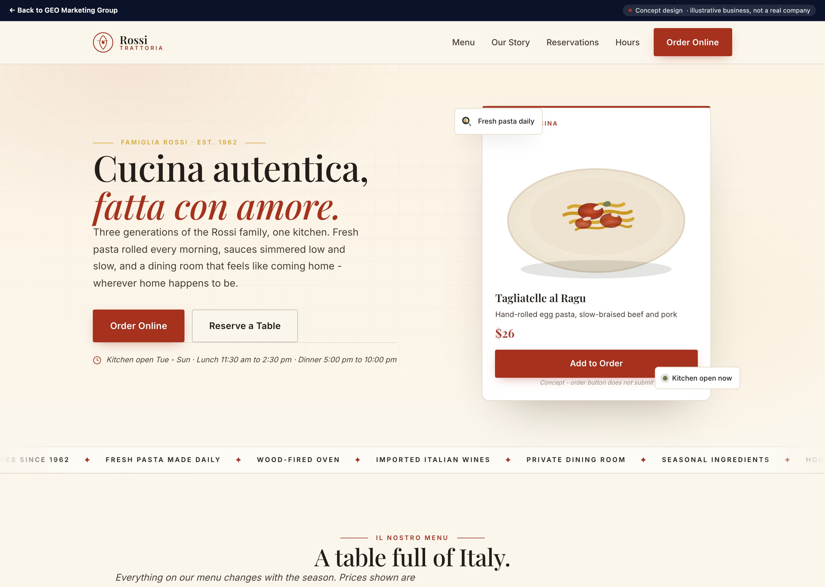 Rossi Trattoria - concept website design